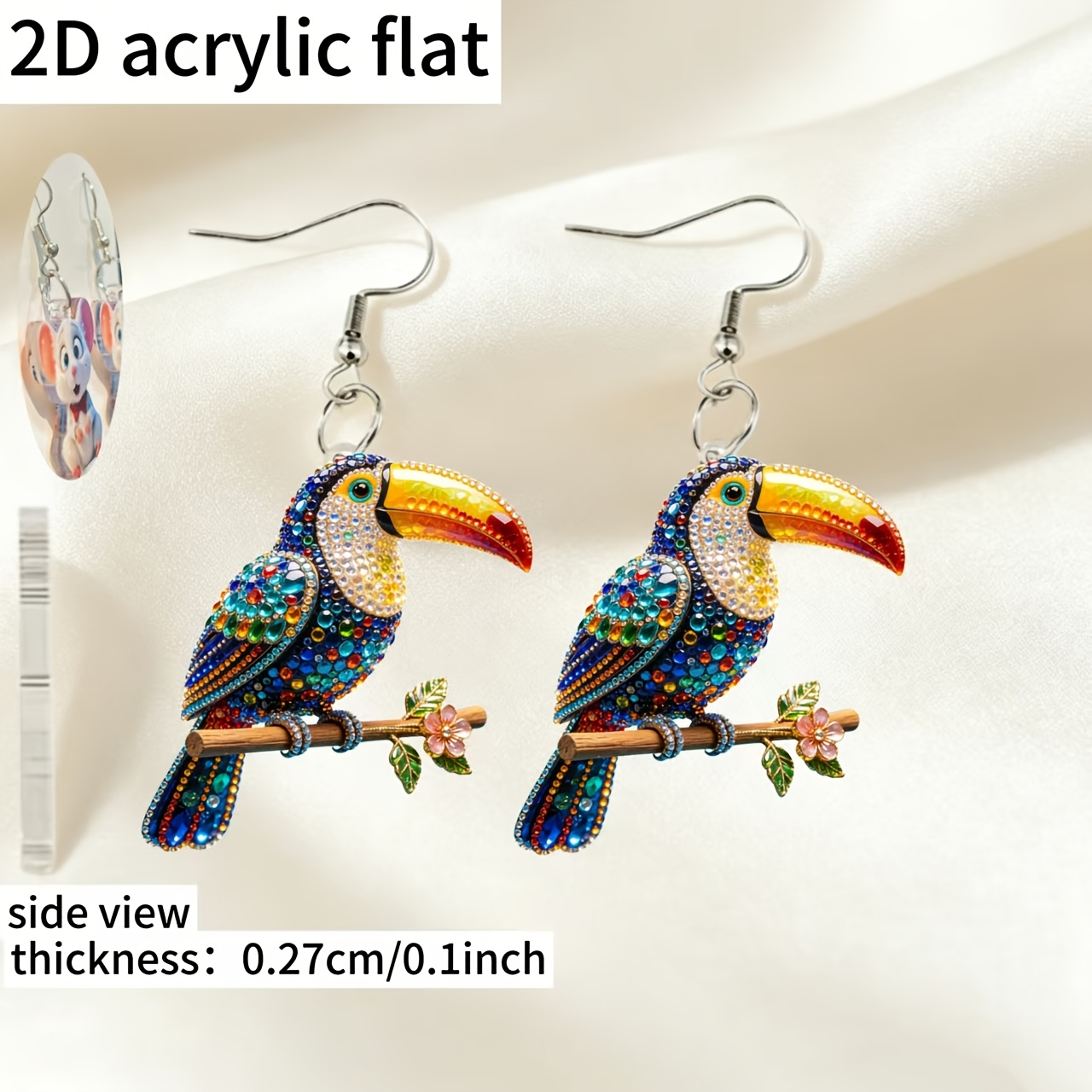 2D Acrylic Toucan Pattern Chain Pendant Earrings, Cute Gift